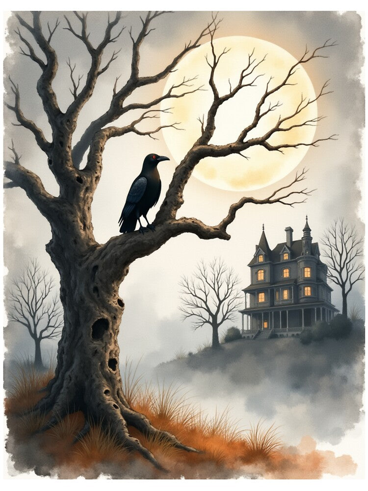 Gothic Raven and Haunted House Under the Full Moon by joy-Moons