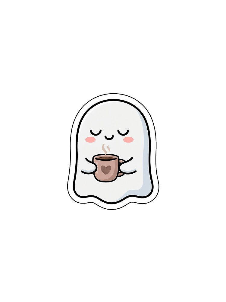 Spooked Out and Caffeinated - Cute Ghost with Coffee Mug Sticker by SimpleP