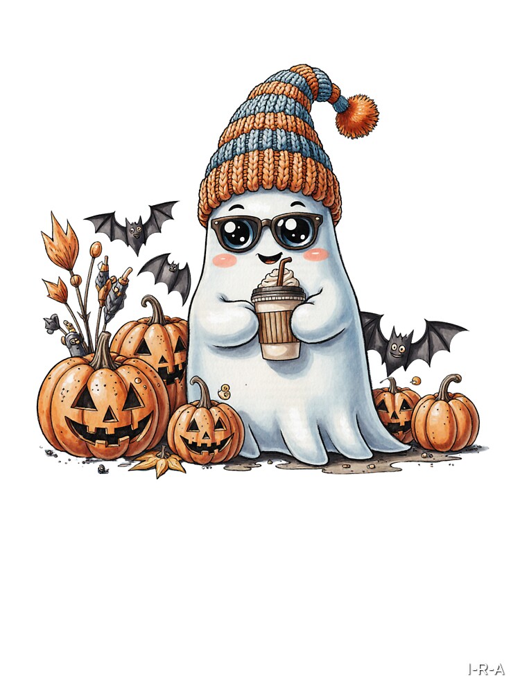 Cute Halloween ghost with coffee and pumpkins by I-R-A