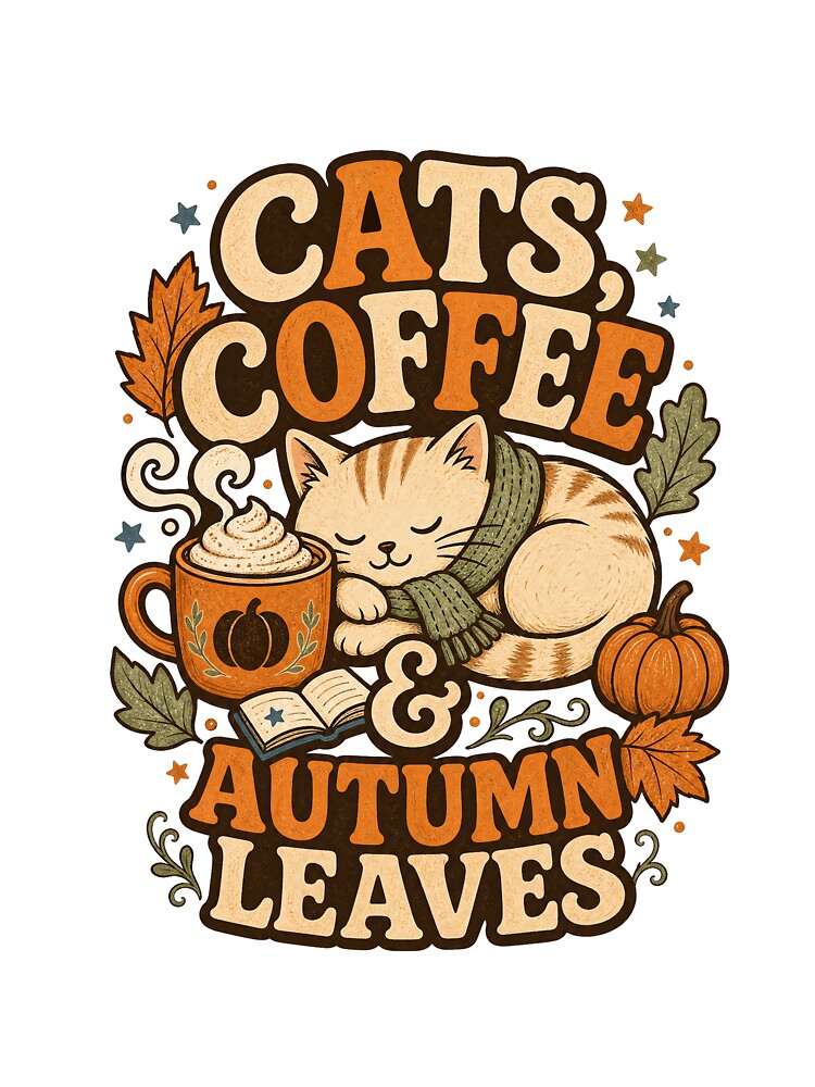 Cats Coffee & Autumn Leaves Cozy Fall by Zenith Design