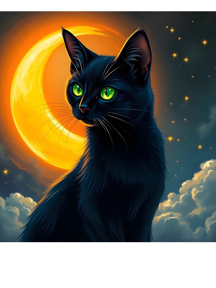Black Cat with Moon Sticker - Mystical Night Sky Cat Art for Halloween and Magic Lovers by FestivityFinds
