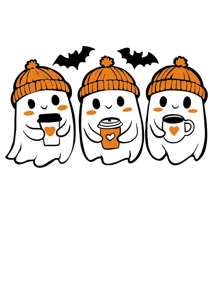 Cute Ghosts Drinking Coffee with Orange Beanies — Spooky Autumn Halloween Sticker by LYAN-STORE