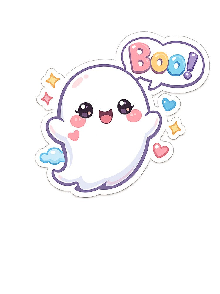 Cute Kawaii Ghost Saying Boo – Pastel Halloween Cartoon Sticker by ArtWaveStudio8
