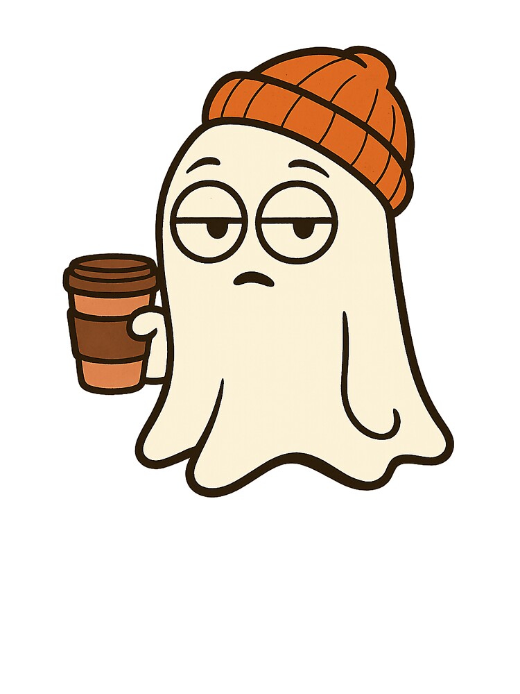 Tired Ghost with Coffee – Sleepy Vibes Cartoon Character by SpectrumCreations
