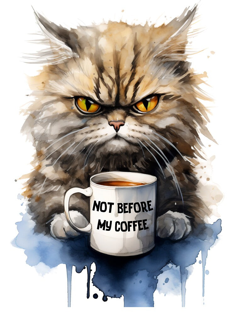 Not Before My Coffee Angry Morning Cat Grumpy Coffee-Drinker Watercolor by Alcyonian