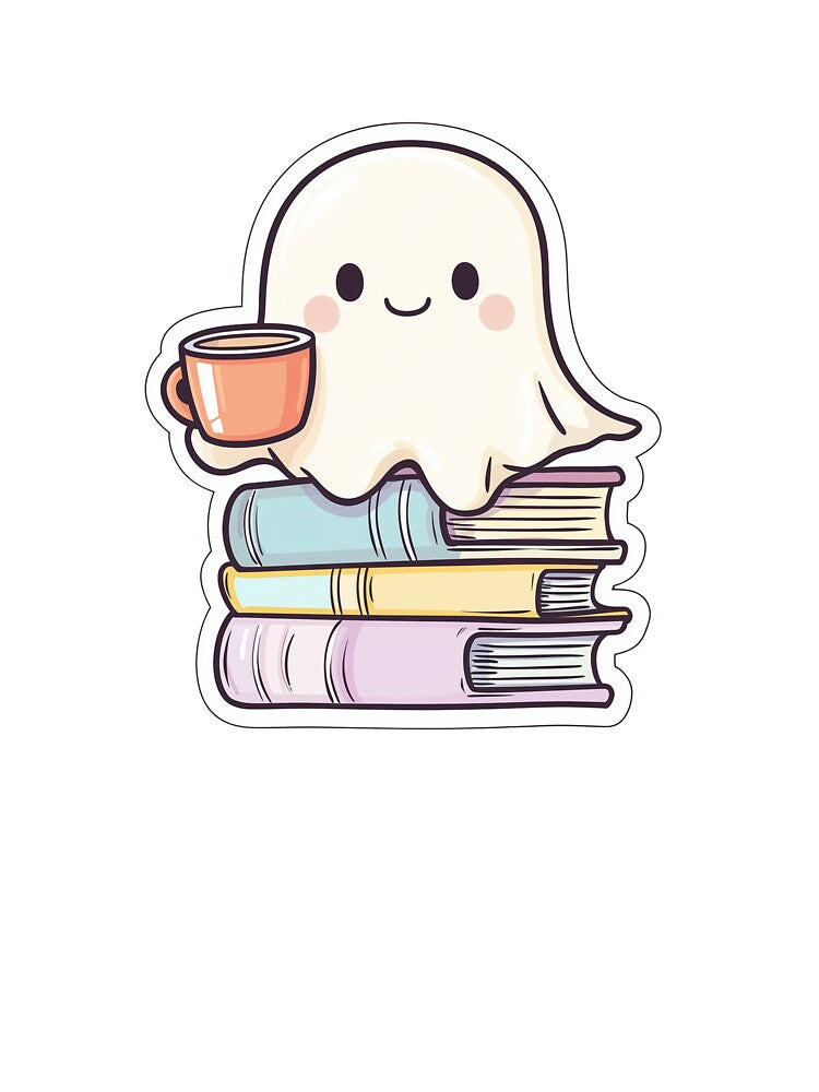 Cute Ghost with Coffee and Books Sticker for Book Lovers by Liseri