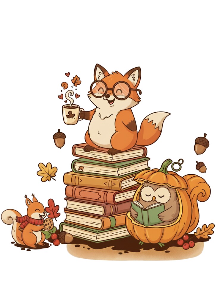 Cozy Autumn Animals with Books – Fox, Owl & Squirrel Illustration by CanvasFox