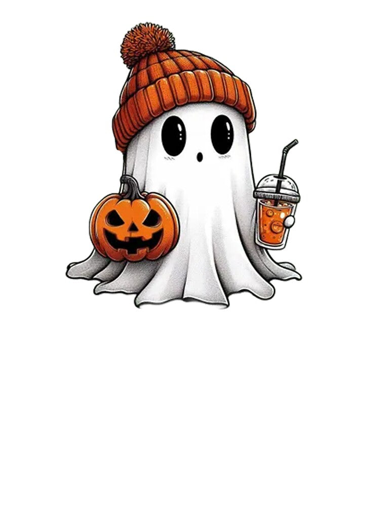 Cute Spooky Ghost with Pumpkin and Coffee by Threads&Co