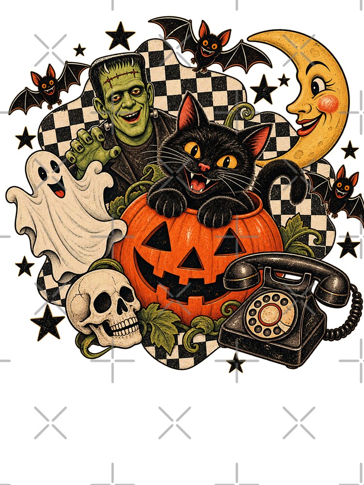Retro Halloween Black Cat and Jack O Lantern, Ghost, Classic Monster and Vintage Telephone Collage by SezzyDesigns