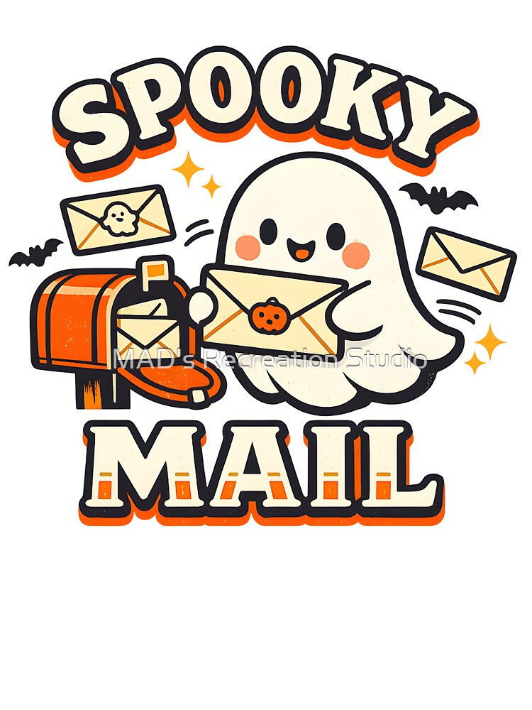 Spooky Mail Kawaii Ghost Halloween Shirt | Cute Ghost Delivering Halloween Letters | Vintage Postal Halloween Design by  MAD's Recreation Studio