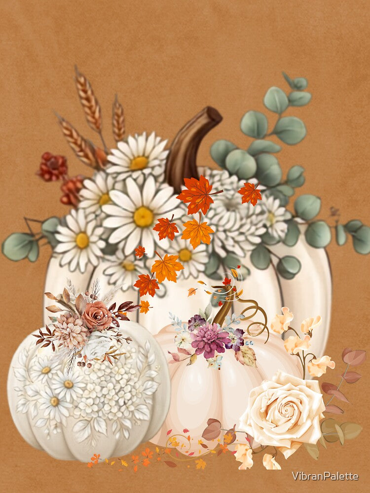 Boho Autumn Pumpkins and Floral Watercolor Art - Fall Harvest by VibranPalette