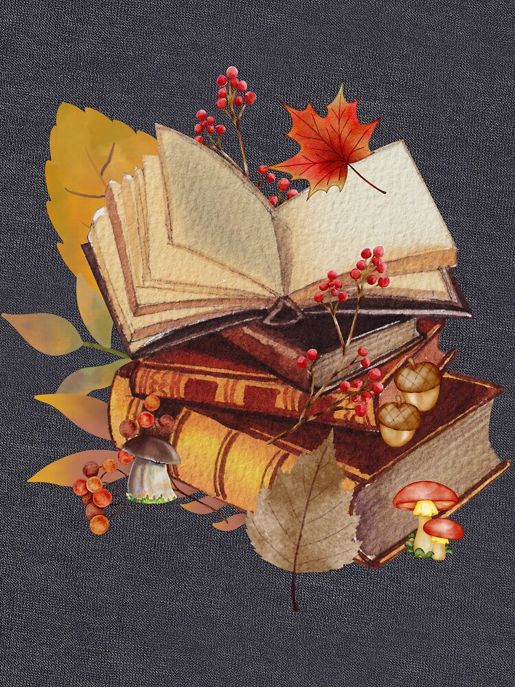 Cozy fall themed nature aesthetic watercolor stack of books by VieBelieve