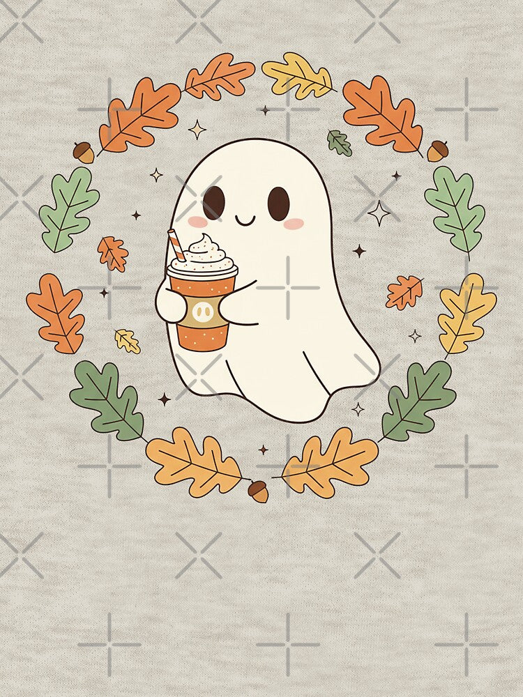 Cute Ghost with Pumpkin Spice Latte – Cozy Retro Autumn Illustration by Iras-Art-Corner