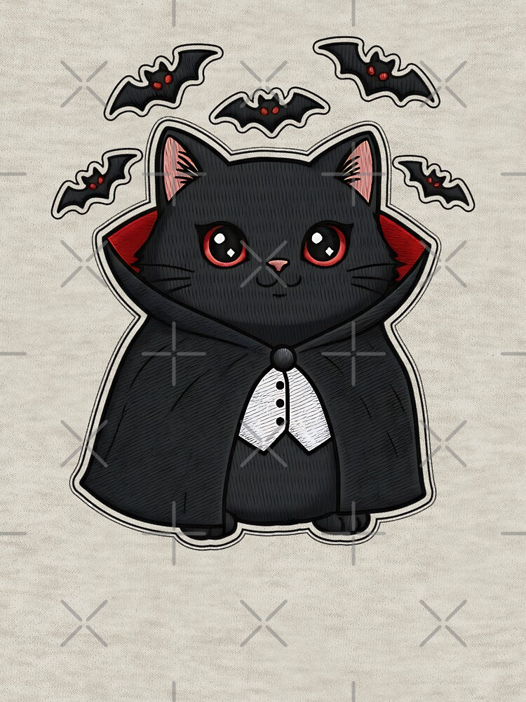 Cute Black Cat Halloween Vampire Costume Bats Spooky Art by ArtDesignTp