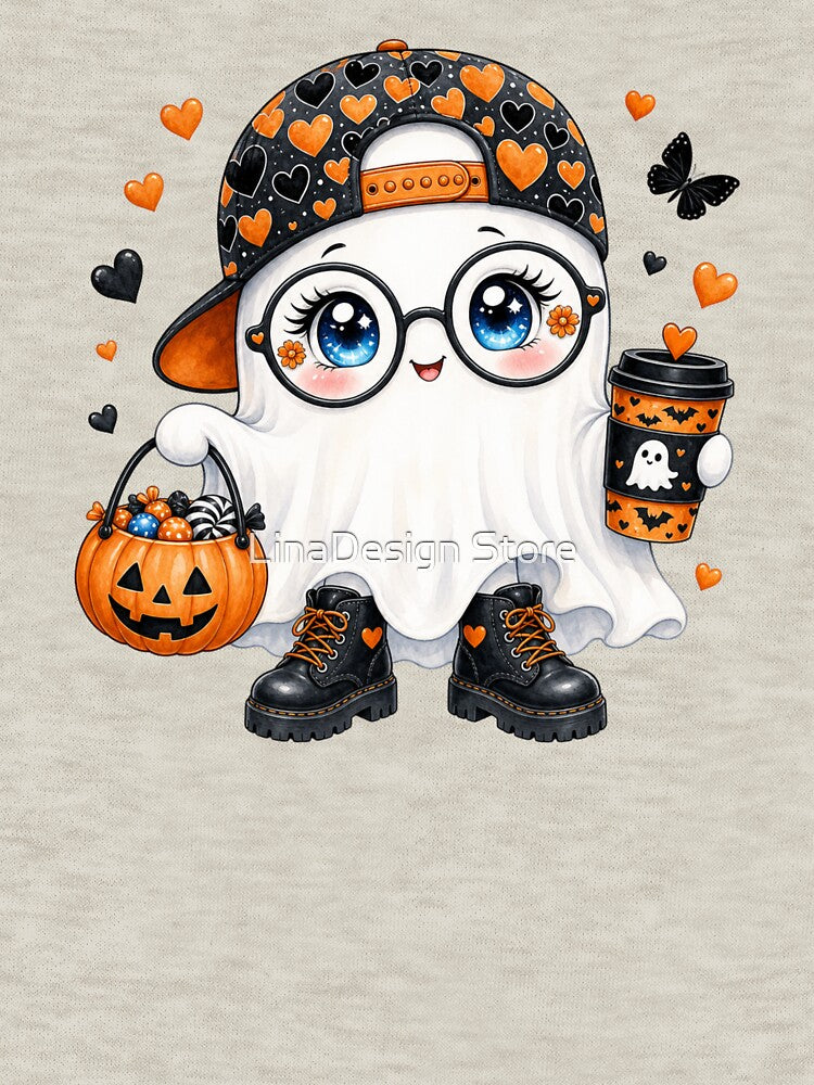 Cute Halloween Ghost with Coffee and Pumpkin by LinaDesign Store