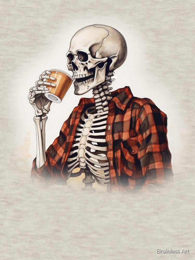 Coffee Drinking Halloween Skeleton by Brainless Art