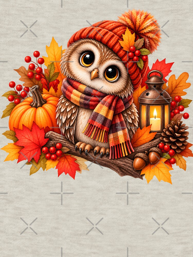Cozy Autumn Owl with Pumpkin and Lantern by blankTeeShirt