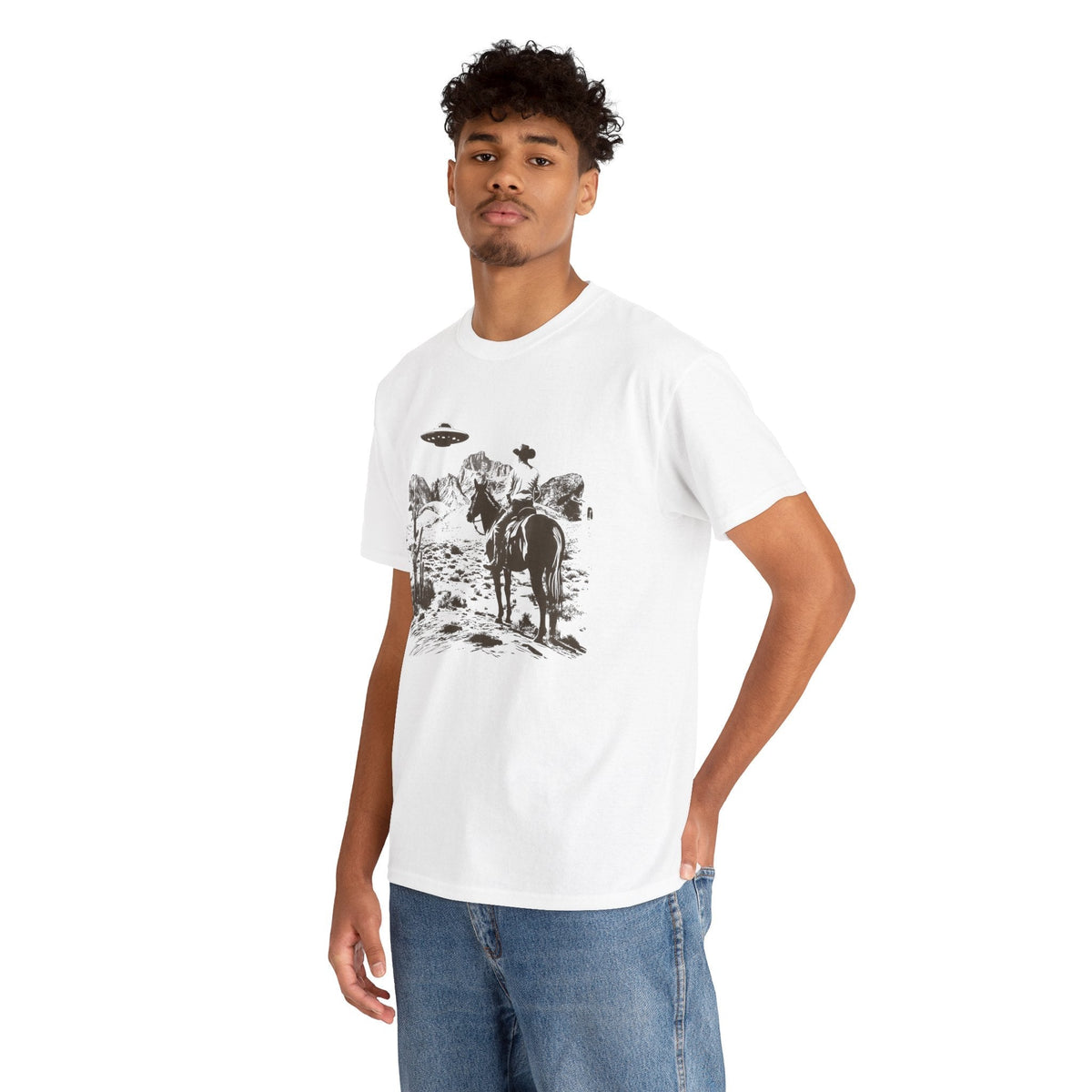 Retro UFO and Cowboy Western Graphic Tee.