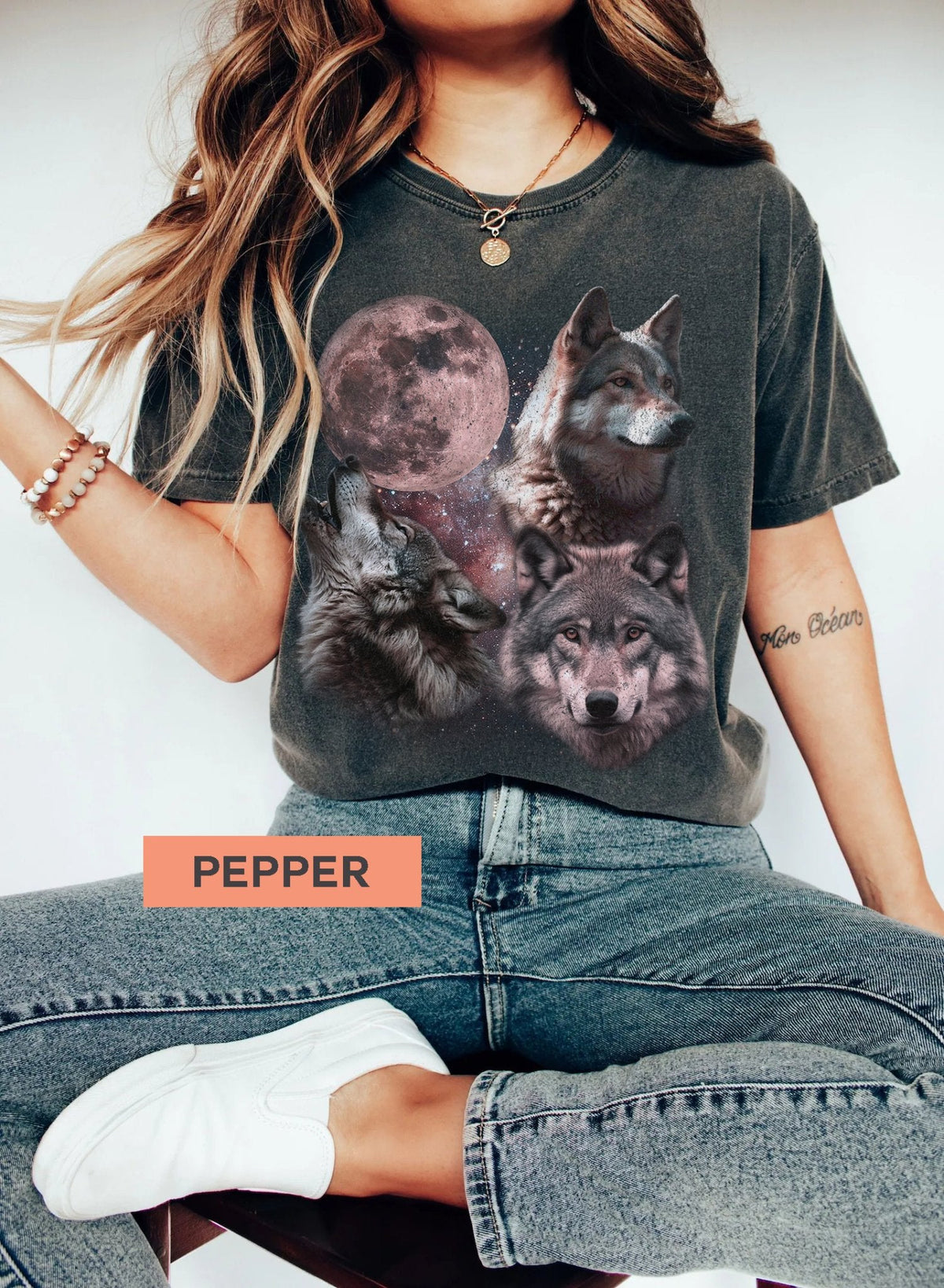 Retro Wolves and The Moon Vintage Graphic Tee.