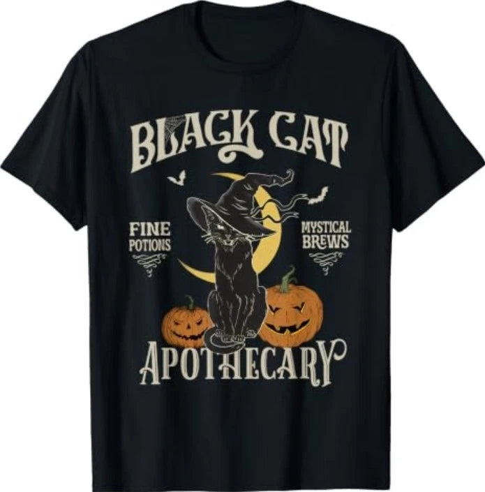 Retro Scary Halloween Costume Black Cat Salem Apothecary T-Shirt