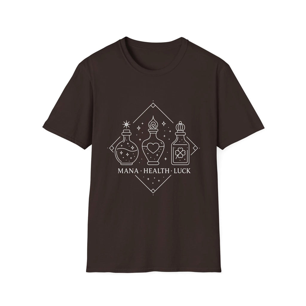 Fantasy Mage Tee – Alchemy Potions Shirt with Mana, Health & Luck Bottles