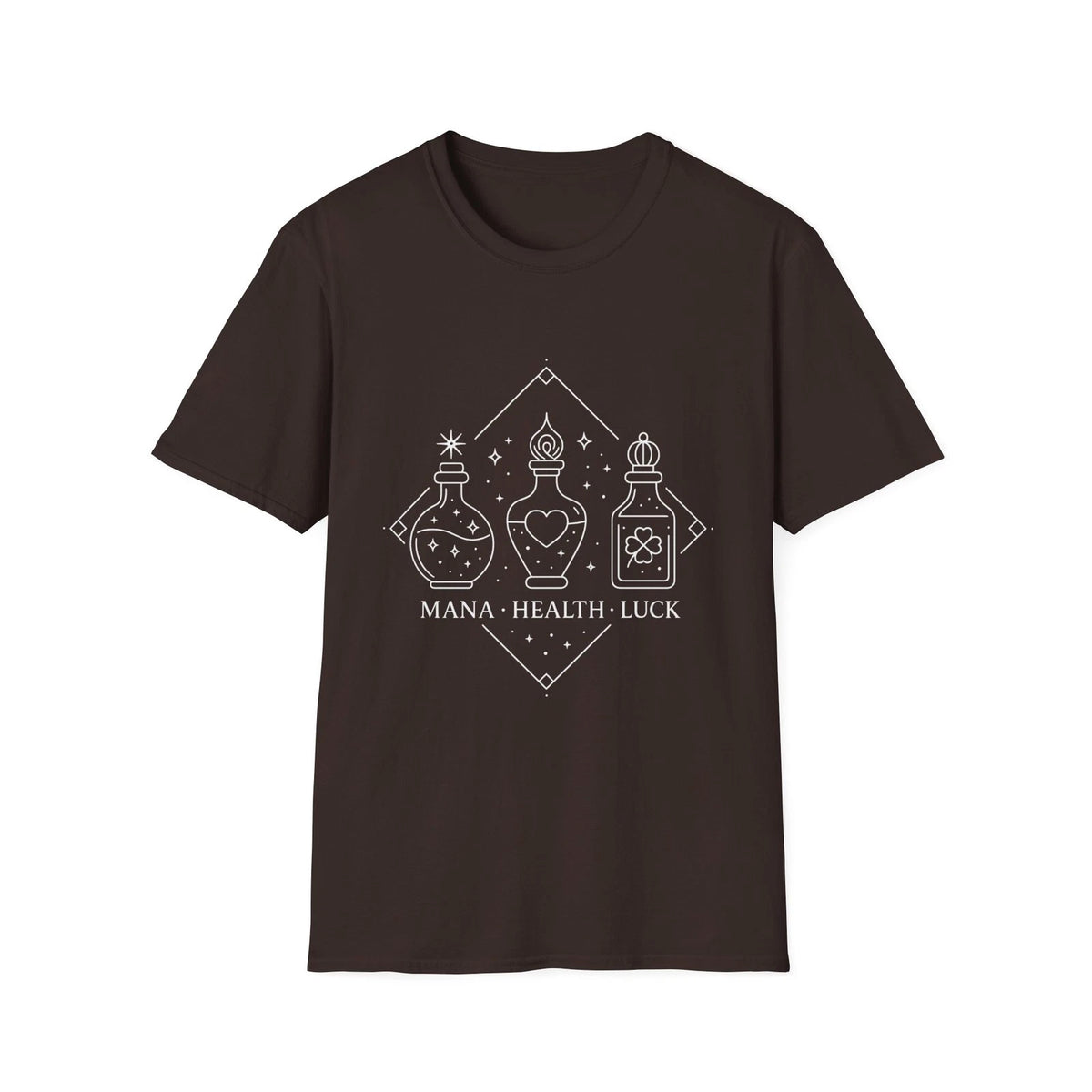Fantasy Mage Tee – Alchemy Potions Shirt with Mana, Health & Luck Bottles