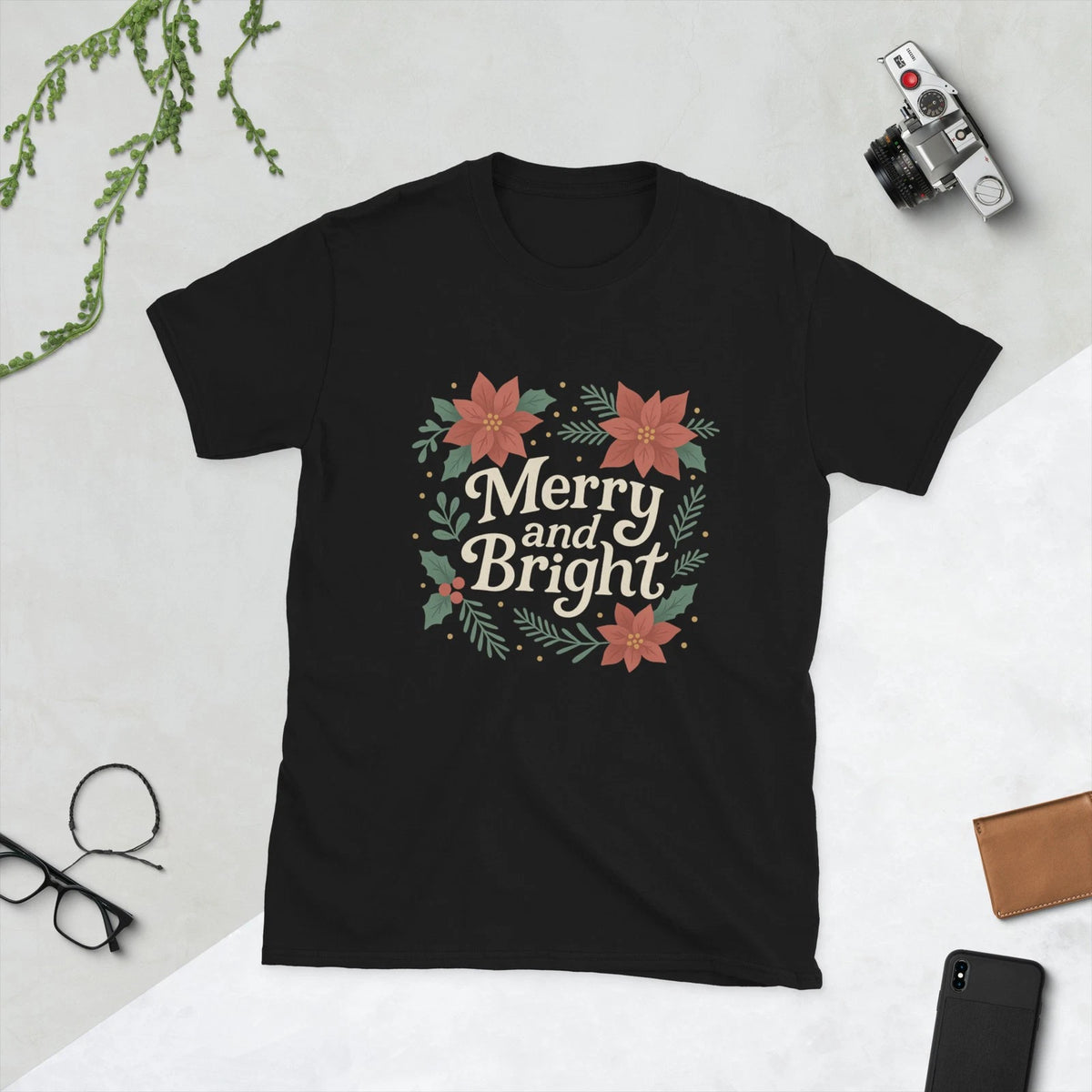 Merry and Bright Christmas Poinsettia Holiday Floral Unisex T-Shirt