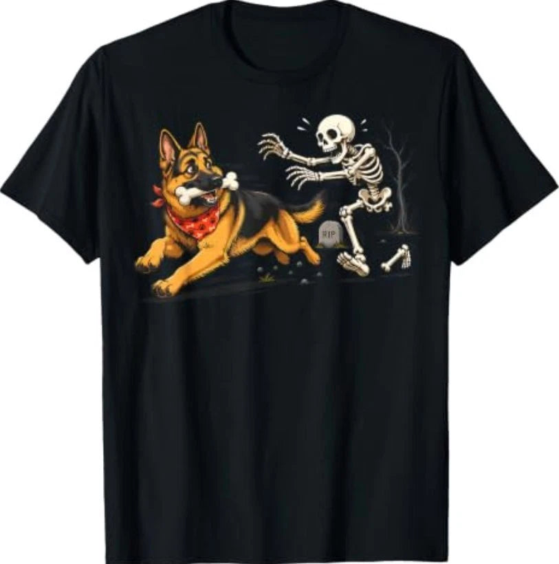 German Shepherd Dog Stealing Bone from Skeleton Halloween T-Shirt