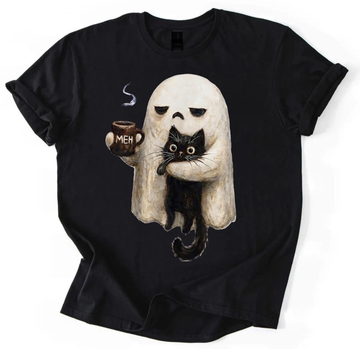 Meh Ghost Coffee Black Cat Cute Halloween Unisex T-Shirt