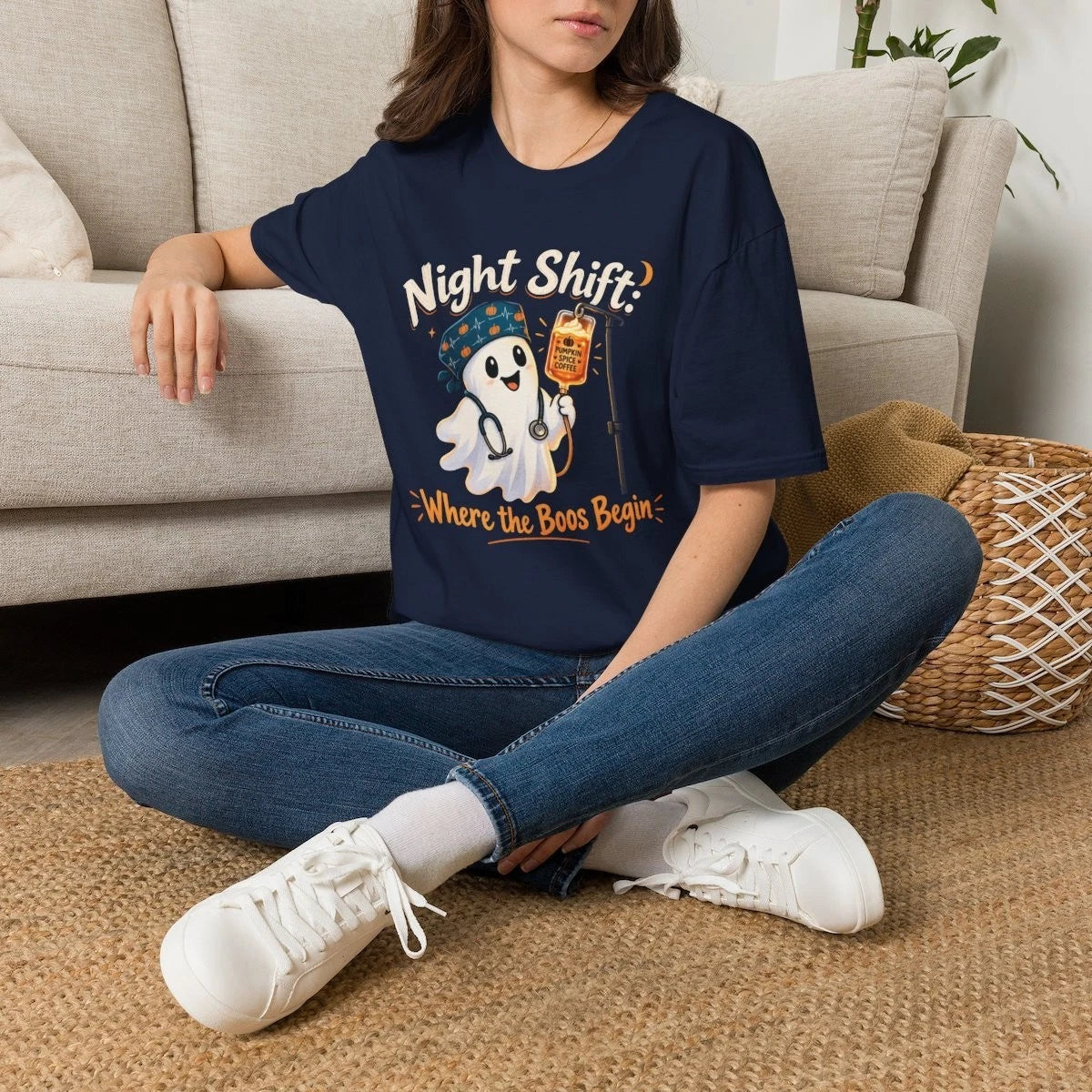 "Night Shift Where the Boos Begin" Funny Halloween Nurse Ghost T-Shirt ERI/ICU