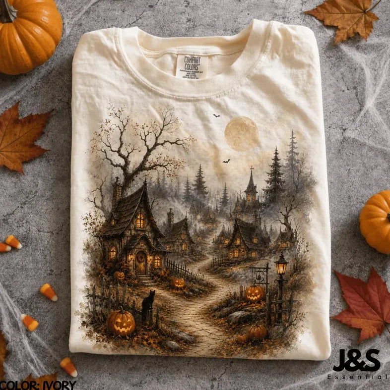 Haunted Village Halloween Shirt Vintage Pumpkin Moon Spooky Cottagecore Ghost