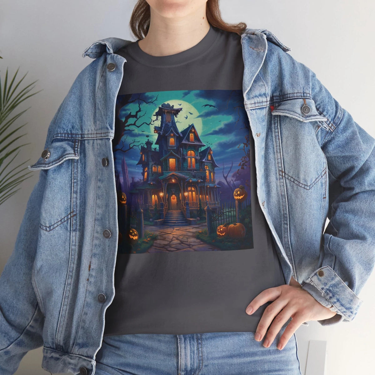 Haunted house, pumpkins, bats, moonlight, spooky trees