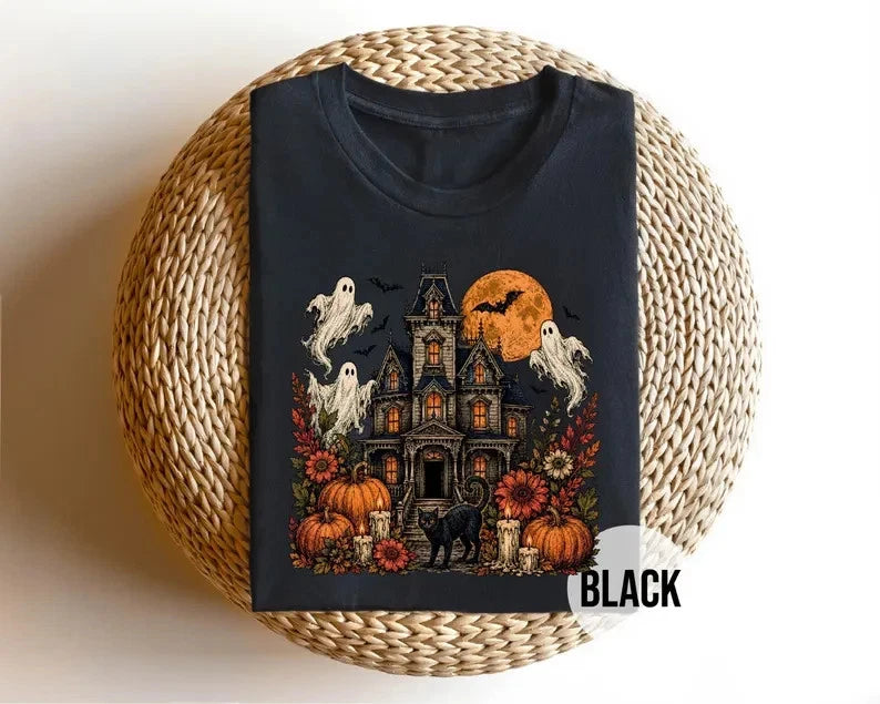 Haunted House Halloween Shirt, Ghost Pumpkin Tee, Black Cat Gothic Shirt, Spooky