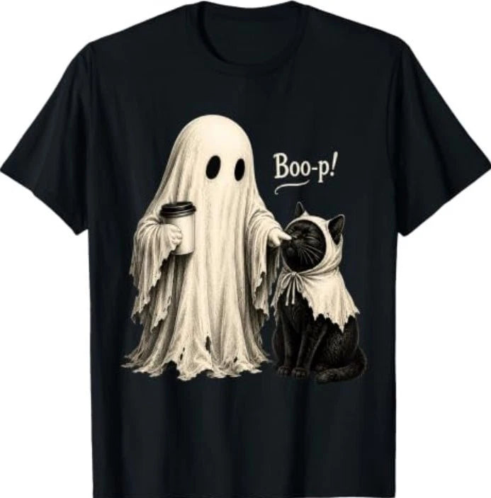 Vintage Ghost Boo-p! to a Black cat Coffee Halloween Girls T-Shirt