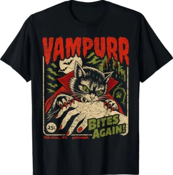 Vampurr Bites Again Black Cat Vintage Halloween Vampire T-Shirt