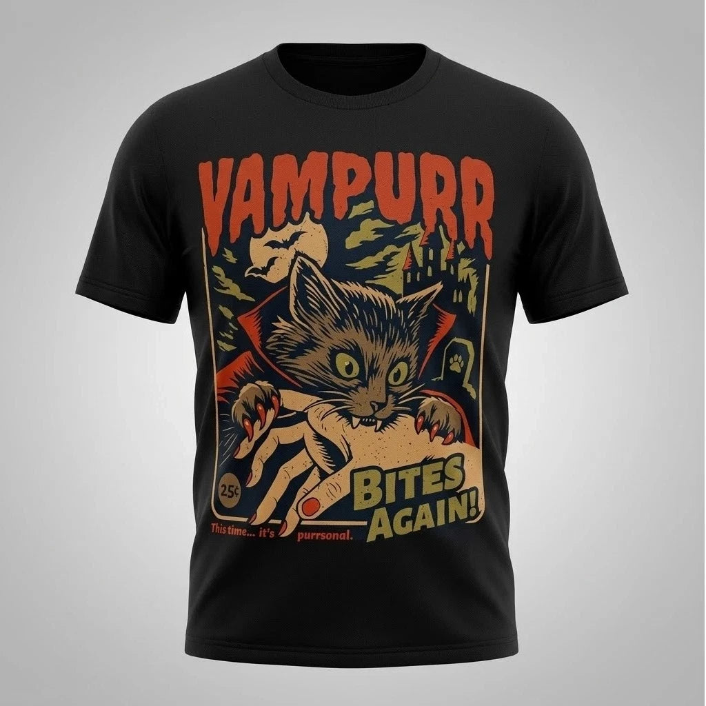 Vampurr Bites Again Cat T-Shirt Mens Vintage Retro Funny Halloween Cotton S-5XL