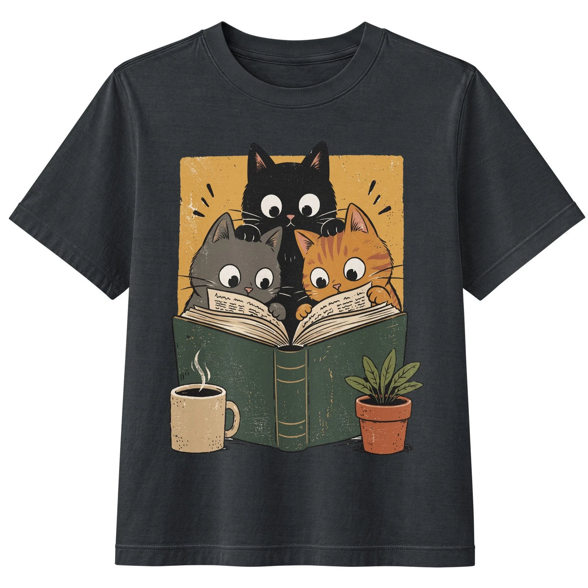 Cute Cats Reading Book Graphic Tee, Vintage Cat Lover Shirt, Cottagecore Top