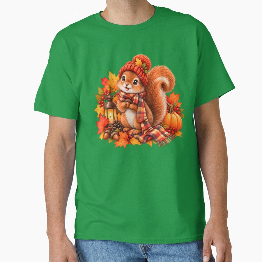 Cozy Autumn Squirrel with Pumpkin, Lantern & Fall Leaves by blankTeeShirt