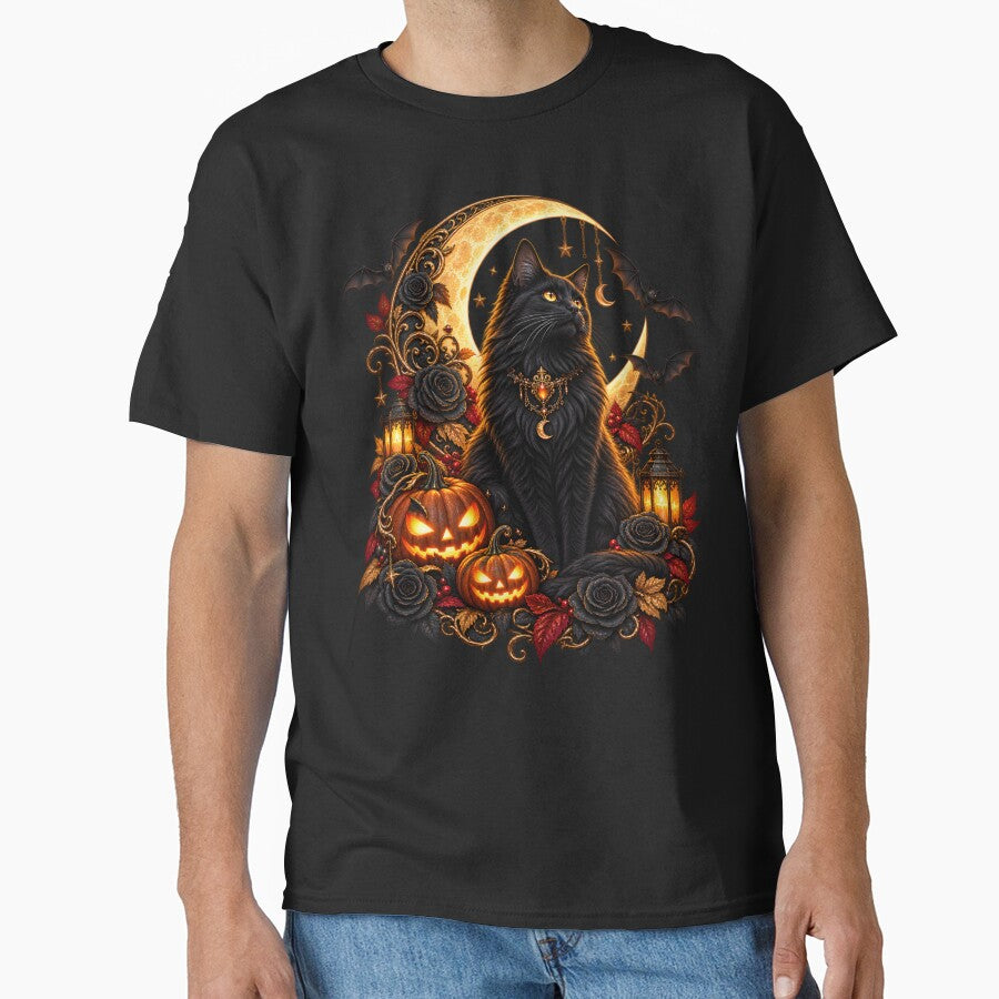 Gothic Black Cat Under the Crescent Moon – Pumpkins & Moody Roses by Clothes With Smiling Animals Walt Gral