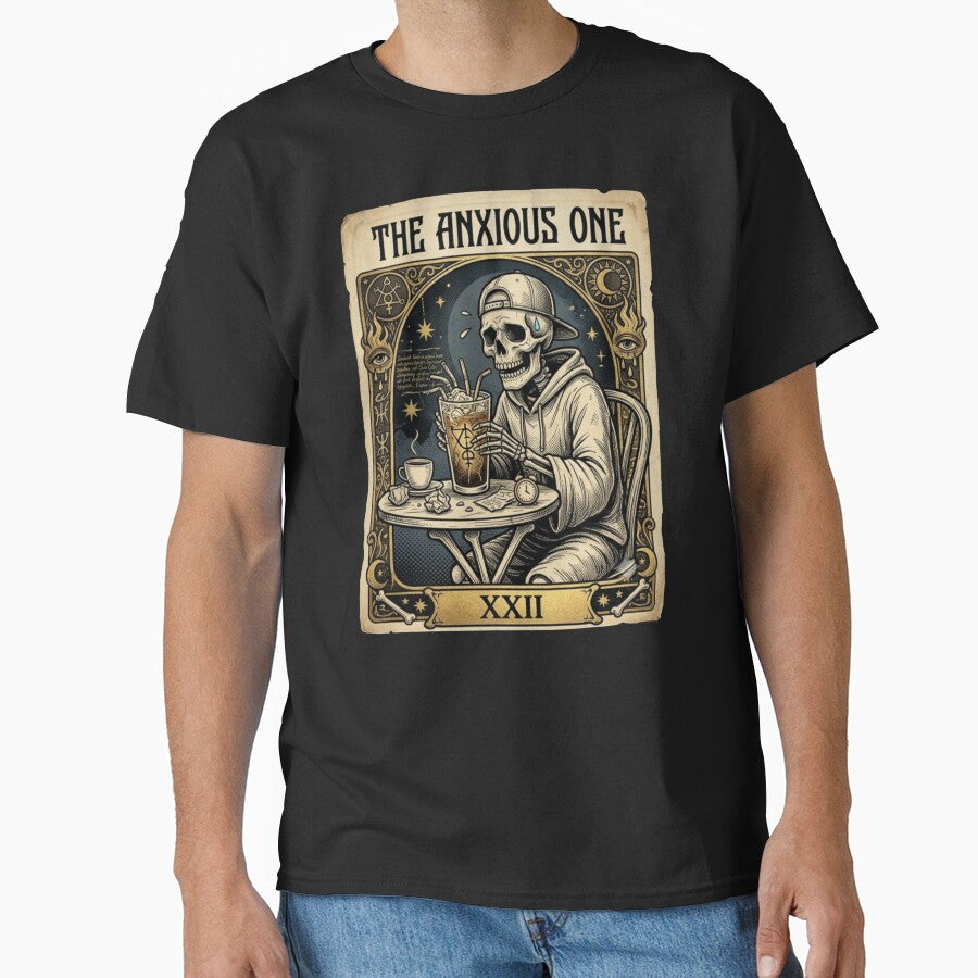 The Anxious One Tarot Card T-Shirt - Skeleton Drinking Iced Coffee by YourWearPulse