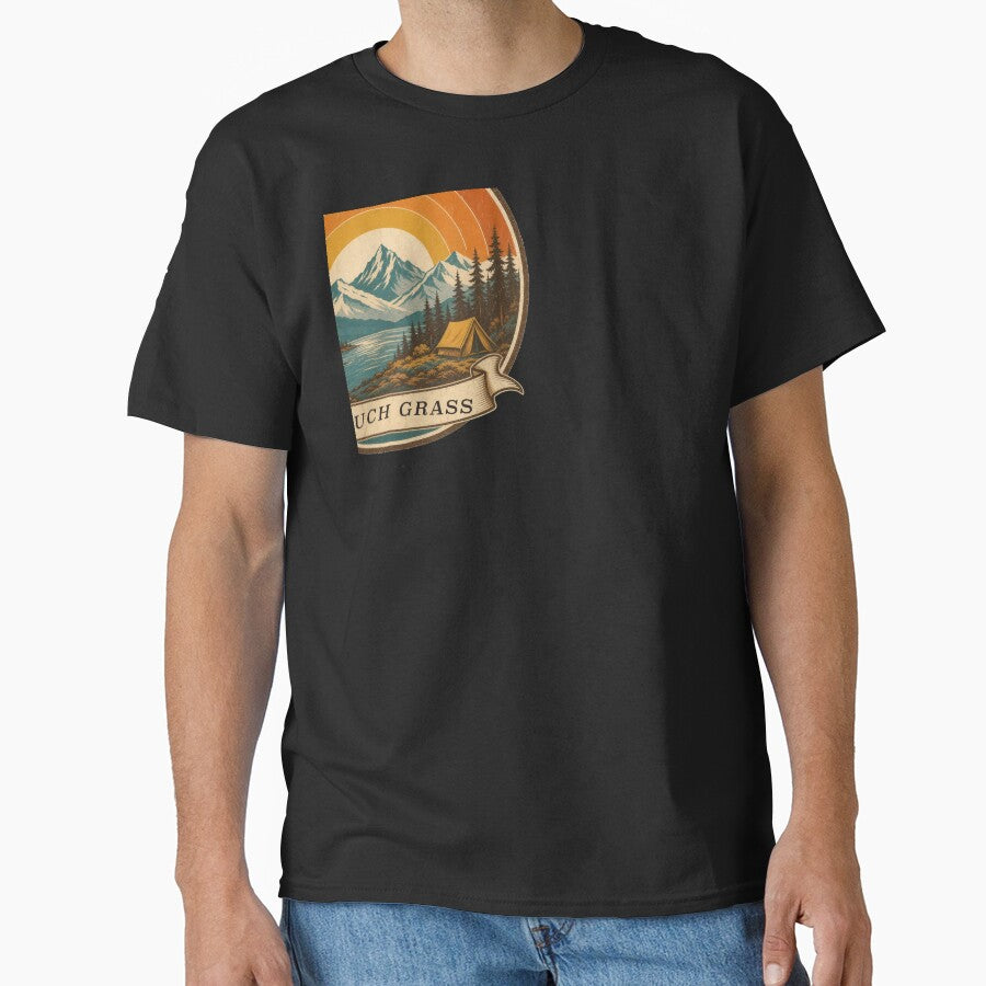 Touch Grass Retro Mountain Sunset Camping Badge by RetroThreadWorks