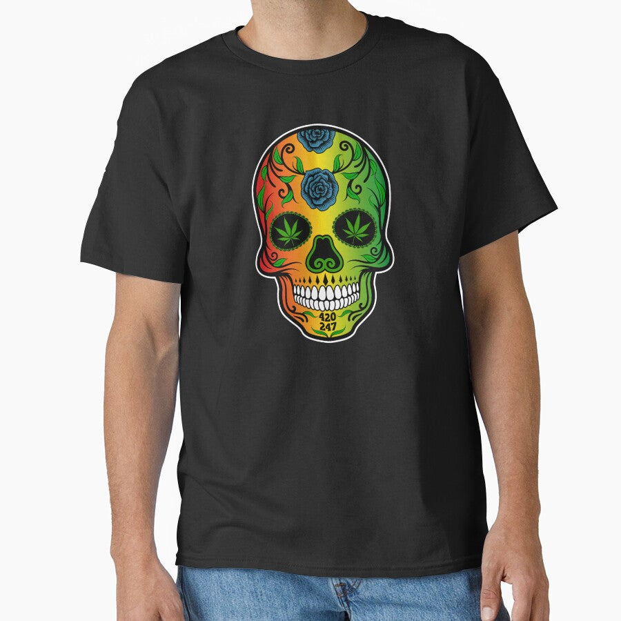 Colorful Rasta Weed Sugar Skull Reggae Flag by designandclouds