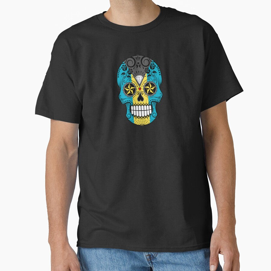 Sugar Skull with Roses and Flag of Bahamas by JeffBartels