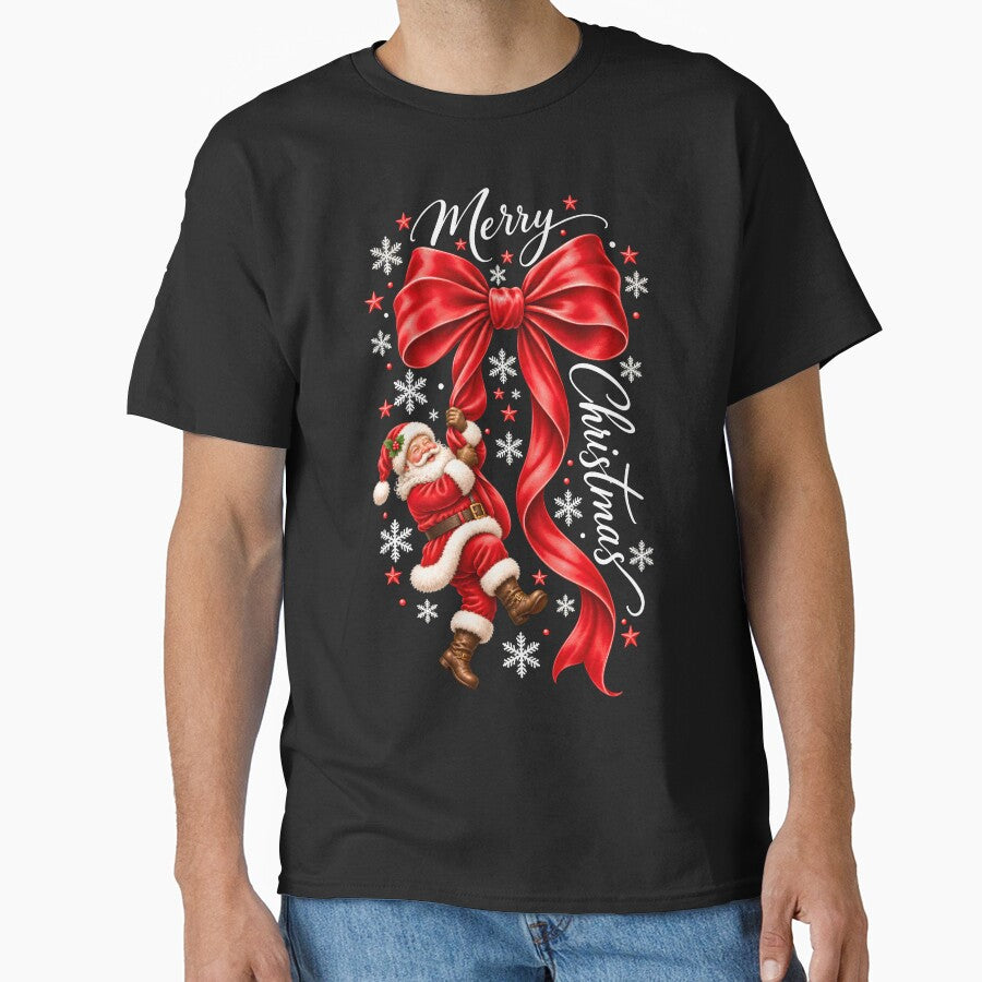 Merry Christmas Santa Claus Swinging Giant Red Bow Holiday Graphic by DYAFLK