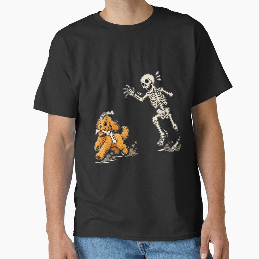 Funny Goldendoodle Dog Stealing Bone from Skeleton Halloween by SuziLope
