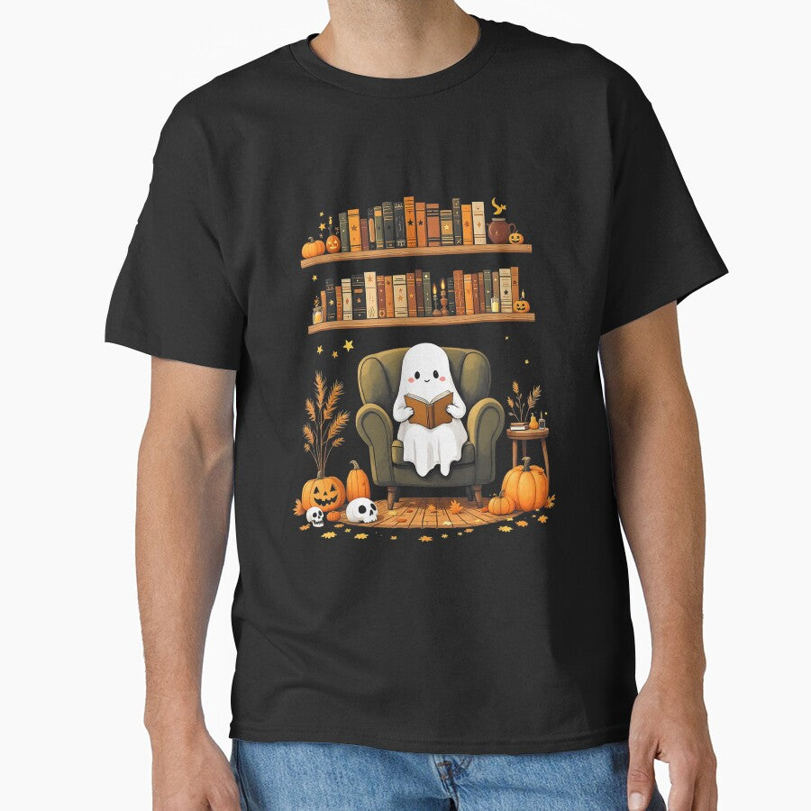 Cute Ghost Reading Book Cozy Halloween Bookshelf Graphic by abig-eiyana