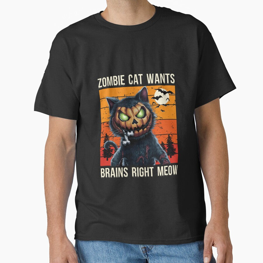 Zombie Cat Wants Brains Right Meow Funny Halloween Pumpkin Cat by clothesy7