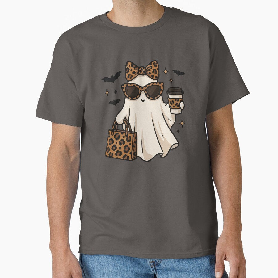Trendy Leopard Print Ghost with Coffee – Cute Fashionista Halloween Spooky Chic Design for Fall by Charaff
