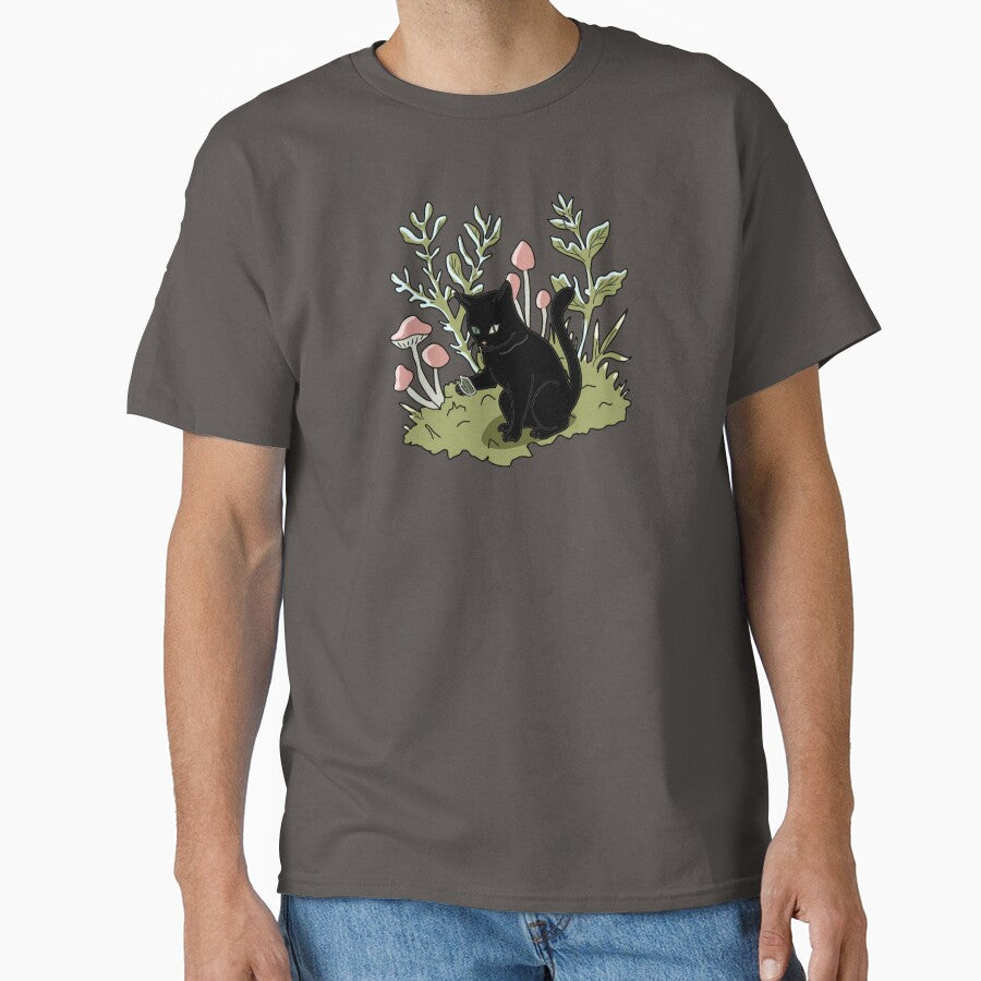 Black Cat in Mushroom Forest Art Print Goblincore Aesthetic by LeshanArt