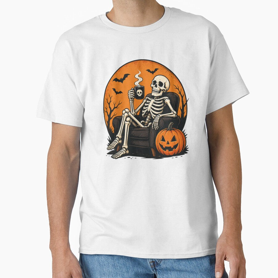 Funny Halloween Skeleton Lounging with Coffee by Ink Matrix